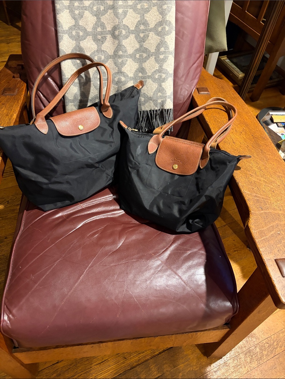Black Nylon Tote with Brown Leather Trim (Set of 2)